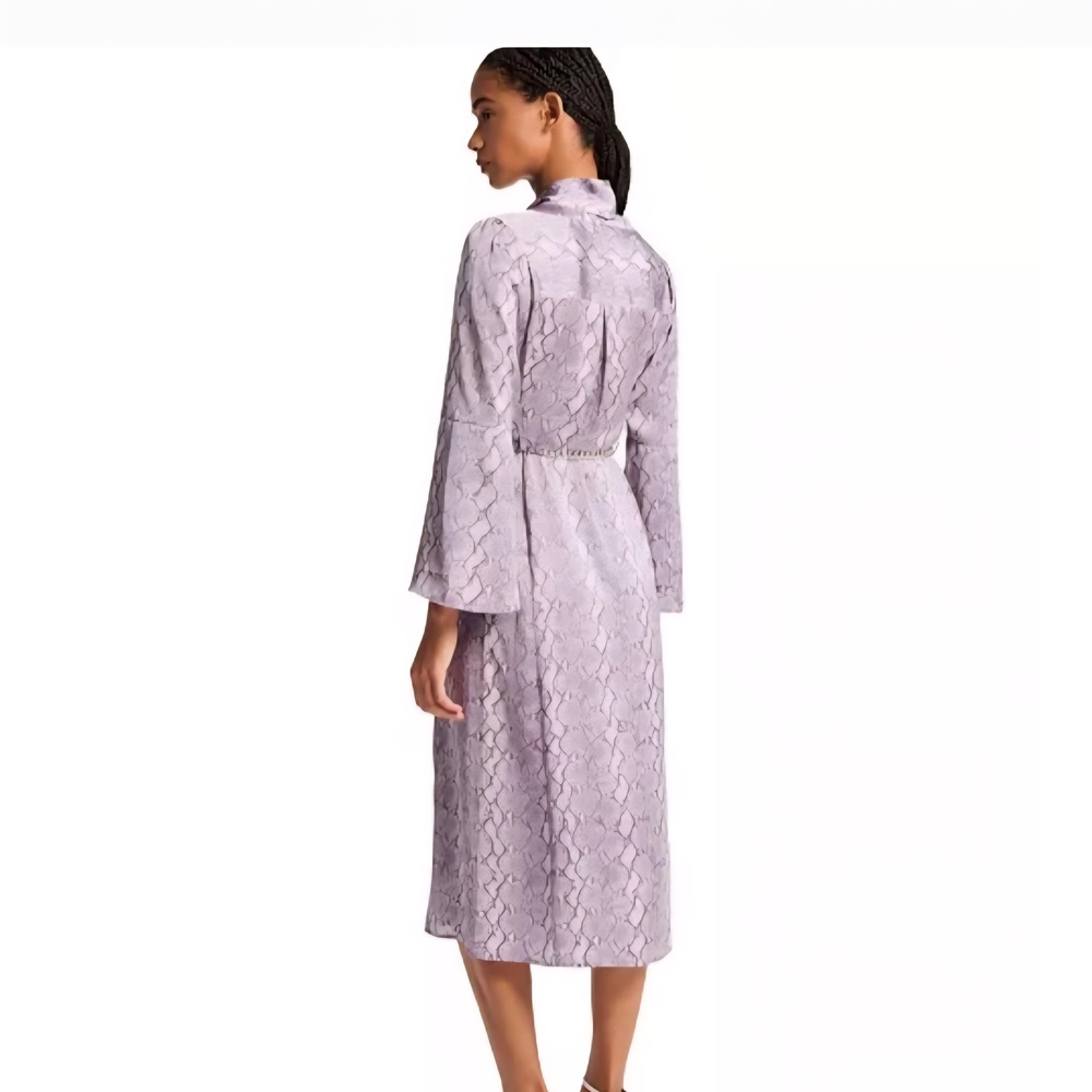 Michael Kors Lavender Snake Print Dress With Bell Sleeves and Silver MK belt - Picture 3 of 3
